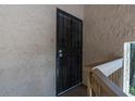 Close-up of condo entry with decorative wrought iron security door and stucco exterior at 7505 Pitch Pine Cir # 122, Tampa, FL 33617