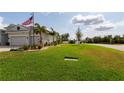 Expansive front yard featuring lush green grass, palm trees and shrubs, and a home exterior in the background at 3727 Wild Blossom Pl, Parrish, FL 34219