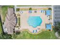 Aerial view of a sparkling community pool with lounge chairs and shaded seating areas at 5205 Lansdowne Way, Palmetto, FL 34221
