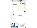 Open-concept floorplan highlighting the kitchen, Gathering, and dining areas with a balcony at 7232 Sutton Ln, Sarasota, FL 34240