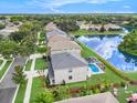 Scenic aerial view showcases the community's serene lake and the home's proximity to a refreshing backyard pool at 5804 Butterfield St, Riverview, FL 33578