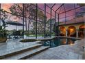 Screened-in pool area with a hot tub, patio furniture, travertine tile, and a view of the lake at sunset at 11817 Glen Wessex Ct, Tampa, FL 33626