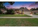 Inviting single-story home with manicured lawn and exterior lighting at dusk at 2413 Buckhorn Run Dr, Valrico, FL 33596