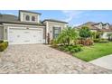 Charming home with brick driveway, two-car garage and tropical landscaping with green lawn at 4329 Barletta Ct, Wesley Chapel, FL 33543