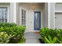 Stylish entrance featuring a blue front door with glass detailing, a modern light fixture, and verdant landscaping at 5628 Terrain De Golf Dr, Lutz, FL 33558