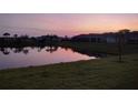 Scenic sunset view from the backyard overlooking a tranquil pond and lush green lawn at 8009 Trimbelle Ter, Parrish, FL 34219
