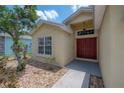Close-up of the front door and entryway with manicured landscaping at 14614 Rannoch Moor Pl, Wimauma, FL 33598
