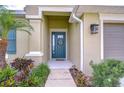Close-up of the home's entry, showcasing the attractive front door and surrounding landscaping at 33518 Castaway Loop, Wesley Chapel, FL 33543