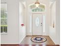 Bright and welcoming foyer with a decorative front door, tile flooring, and arched window at 4224 Fleewell Ct, Valrico, FL 33596