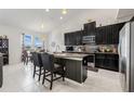 Modern kitchen with dark cabinetry, stainless steel appliances, a center island with seating, and bright adjacent dining area at 11917 Greenchop Pl, Riverview, FL 33579