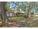 Landscaped one-story home featuring a brick facade and mature trees at 6237 Greenwich Dr, Tampa, FL 33647