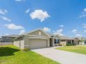 Well-maintained home featuring a spacious driveway, two-car garage, and lush green lawn, creating a welcoming exterior at 8891 Bower Bass Cir, Wesley Chapel, FL 33545