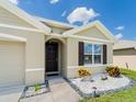Inviting front entrance with a dark door, complemented by decorative stone landscaping and manicured green lawn at 8891 Bower Bass Cir, Wesley Chapel, FL 33545