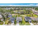 Scenic aerial view of the home nestled among mature trees and lush landscaping near a tranquil pond at 3891 Reflection Dock Dr, Seffner, FL 33584