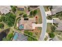 Aerial view showcasing the home's layout, screened pool, landscaping, and neighborhood surroundings at 8308 Mobile Cir, Weeki Wachee, FL 34613