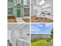 Four images of the home's exterior, kitchen, and lakeside view at 9602 Lake Chase Island Way # 9602, Tampa, FL 33626