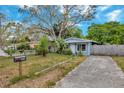 View of a blue house with a well kept lawn, mailbox, driveway, and mature trees at 10208 N 23Rd St, Tampa, FL 33612