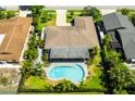 Aerial view of a single Gathering home with a large backyard, swimming pool, and covered patio at 13916 Wellesford Way, Tampa, FL 33624