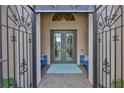 Elegant front entrance featuring a decorative security gate, double glass doors, and a tiled entryway at 15303 Valencia Del Sol St, Wimauma, FL 33598