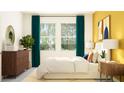 Bright bedroom featuring a modern dresser, a neutral area rug, and teal curtains at 9711 Minnow Ray Dr, Land O Lakes, FL 34638