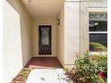 Close-up of the front door showcasing its decorative glass insert and covered entryway at 5839 Meadowpark Pl, Lithia, FL 33547