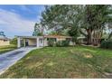 Charming single-story home with a well-manicured lawn and covered carport, shaded by mature trees at 629 Lexington St, Dunedin, FL 34698