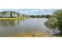 Scenic view of a tranquil pond surrounded by lush greenery and community buildings under a clear blue sky at 1119 Ballard Green Pl, Brandon, FL 33511