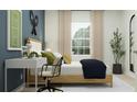 Bedroom featuring a study desk, plants, neutral accents, and outdoor views at 3465 Lapis Lake Dr, Zephyrhills, FL 33541