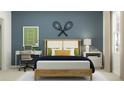 Modern bedroom with tennis rackets, stylish desk, and neutral color scheme at 3465 Lapis Lake Dr, Zephyrhills, FL 33541