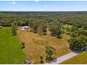 An aerial perspective showcases a wide-open field surrounded by dense trees on a sunny day at 495 Appaloosa Rd, Tarpon Springs, FL 34688