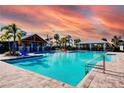 Resort-style community pool featuring palm trees, seating areas, and a covered pavilion for relaxation at 6807 162Nd Pl, Parrish, FL 34219