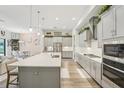Modern kitchen featuring gray cabinets, a large center island, stainless steel appliances, and stylish pendant lighting at 13098 Wellspring Dr, Lithia, FL 33547