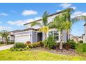 Attractive two-story house with landscaped front yard, palm trees, and attached two-car garage at 13855 Sharp Hawk Dr, Riverview, FL 33569