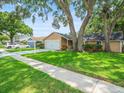 Attractive single-story home featuring a well-kept lawn, mature trees, and a convenient two-car garage at 16015 Glen Haven Dr, Tampa, FL 33618
