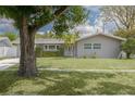 Charming one-story home featuring a lush green lawn and mature shade trees at 1624 Chateau Dr, Clearwater, FL 33756