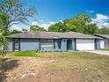 Single-story home featuring a blue exterior, attached garage, and a partly green front lawn at 4435 Lamson Ave, Spring Hill, FL 34608