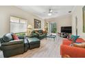 Cozy living room features wood floors, neutral walls, a ceiling fan and sliding doors that let in natural light at 3762 Darston St, Palm Harbor, FL 34685