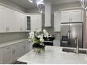 Open-concept kitchen with stainless steel appliances, a large island, pendant lighting, and ample cabinet space at 12308 Pittsfield Ave, Tampa, FL 33624