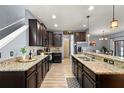 The kitchen features granite countertops, dark wood cabinetry, stainless steel appliances, and wood-look flooring at 1726 Hadden Hall Pl, Trinity, FL 34655