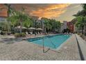 Community swimming pool with lounge chairs and palm trees under a colorful evening sky at 2402 Azeele W St # 412, Tampa, FL 33609
