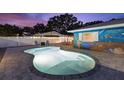 Inviting kidney-shaped pool with underwater lighting, surrounded by a paved patio and colorful mural art at 895 Joan St, Dunedin, FL 34698