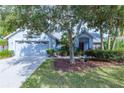 Beautiful single-story home with mature trees, garden beds, and a two car garage at 9220 Dayflower Dr, Tampa, FL 33647