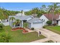 Eye-level shot of a single-story home featuring a well-maintained lawn, mature palm trees, and a two-car garage at 11619 Fox Creek Dr, Tampa, FL 33635