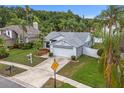 High-angle shot of a single-story home featuring a well-maintained lawn, mature palm trees, and a two-car garage at 11619 Fox Creek Dr, Tampa, FL 33635