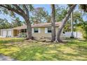 Landscaped front yard with mature trees framing a tan one-story home with white trim at 770 27Th S Ave, St Petersburg, FL 33705