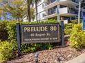 Elegant sign for Prelude 80 condos showcases the address and visitor parking information at 80 Rogers St # 6D, Clearwater, FL 33756