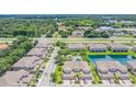 An aerial view showcases townhomes with well-manicured lawns, mature trees, a pool, and a small pond at 10329 Willow Leaf Trl, Tampa, FL 33625