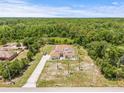 Expansive aerial view showcases the home's layout, long driveway and mature surroundings at 7206 River Country Dr, Weeki Wachee, FL 34607