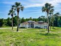 Charming single-story home with lush lawn and tall palm trees on a sunny day at 7206 River Country Dr, Weeki Wachee, FL 34607