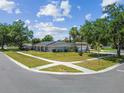 Residential street view of home featuring an expansive green lawn and sidewalk with shade trees at 10408 Butia Pl, Tampa, FL 33618